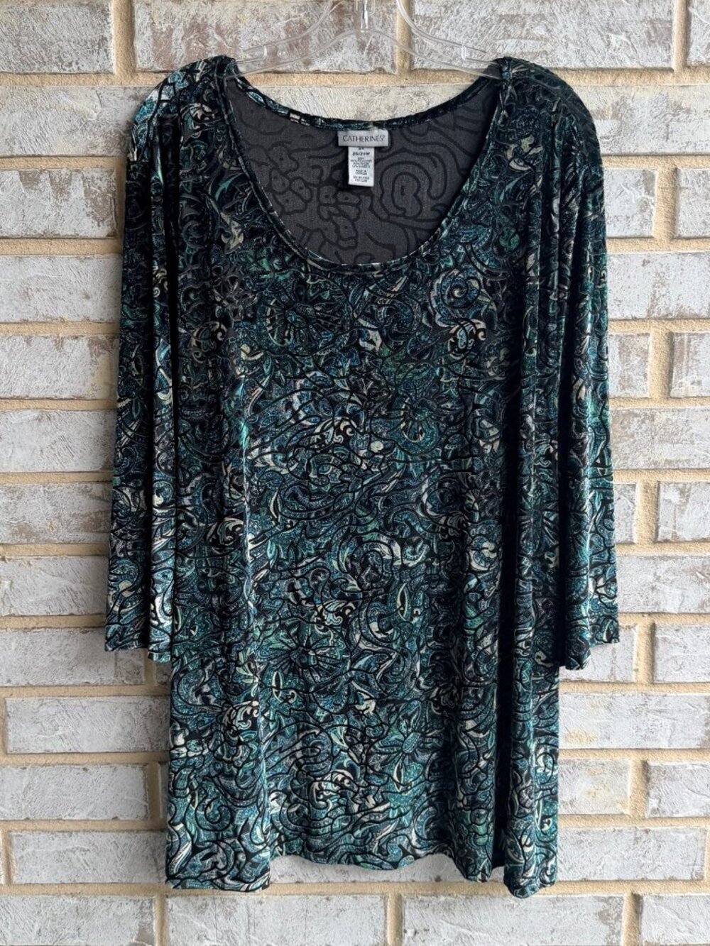 Catherines 3/4 Sleeve Scoop Neck Velour Paisley Tunic Blouse Women's Size 3X